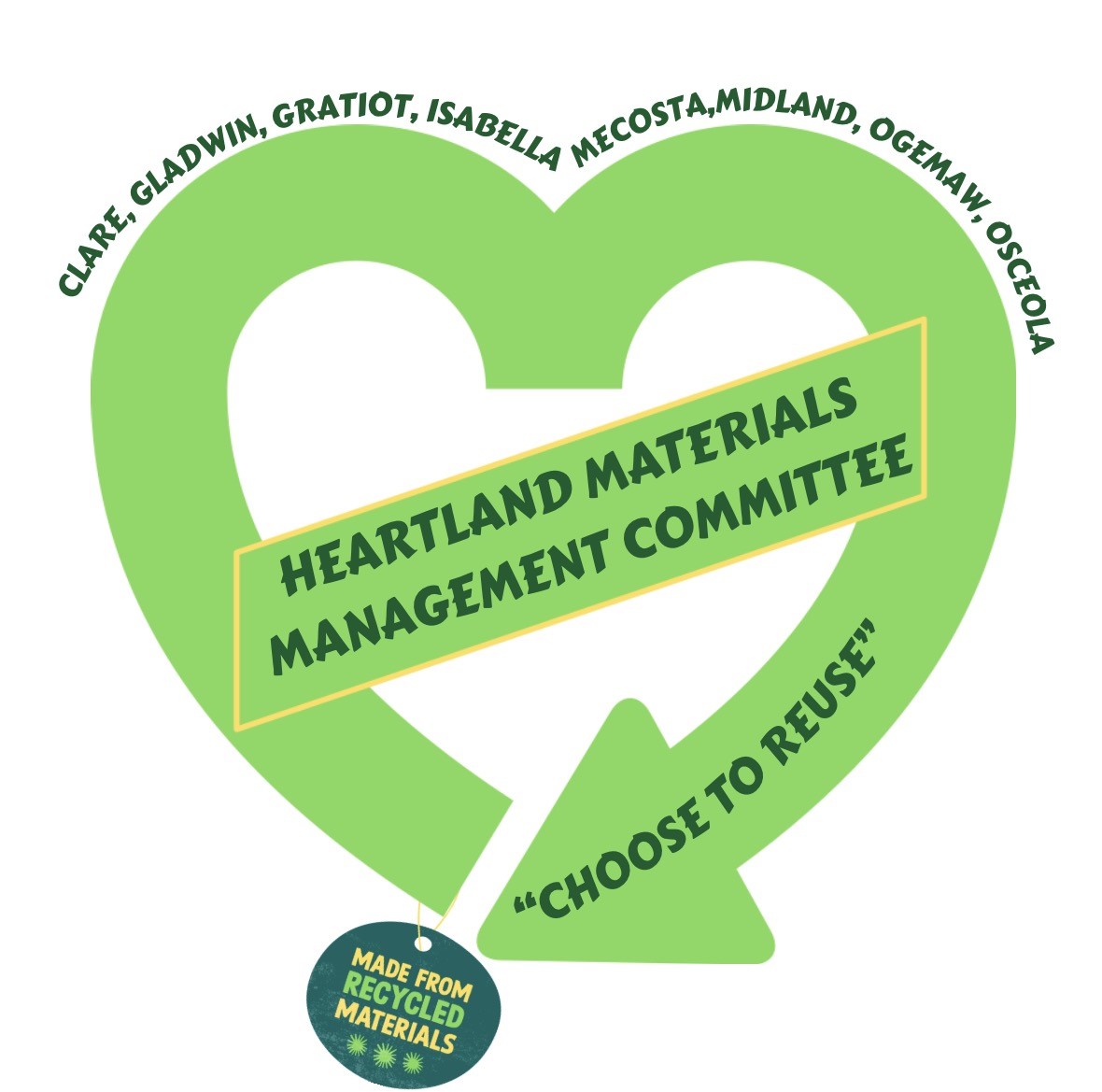 Logo for Heartland Materials Management Committee, which incorporates a heart and an arrow to blend Heartland and common recycling imagery. It includes the quote "Choose to Reuse."